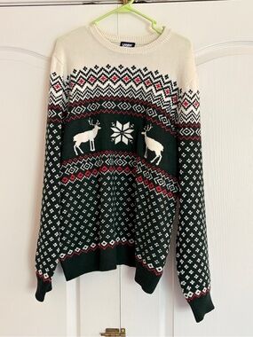 Lands' End Green, Cream & Red Fair Isle Reindeer Crewneck Sweater